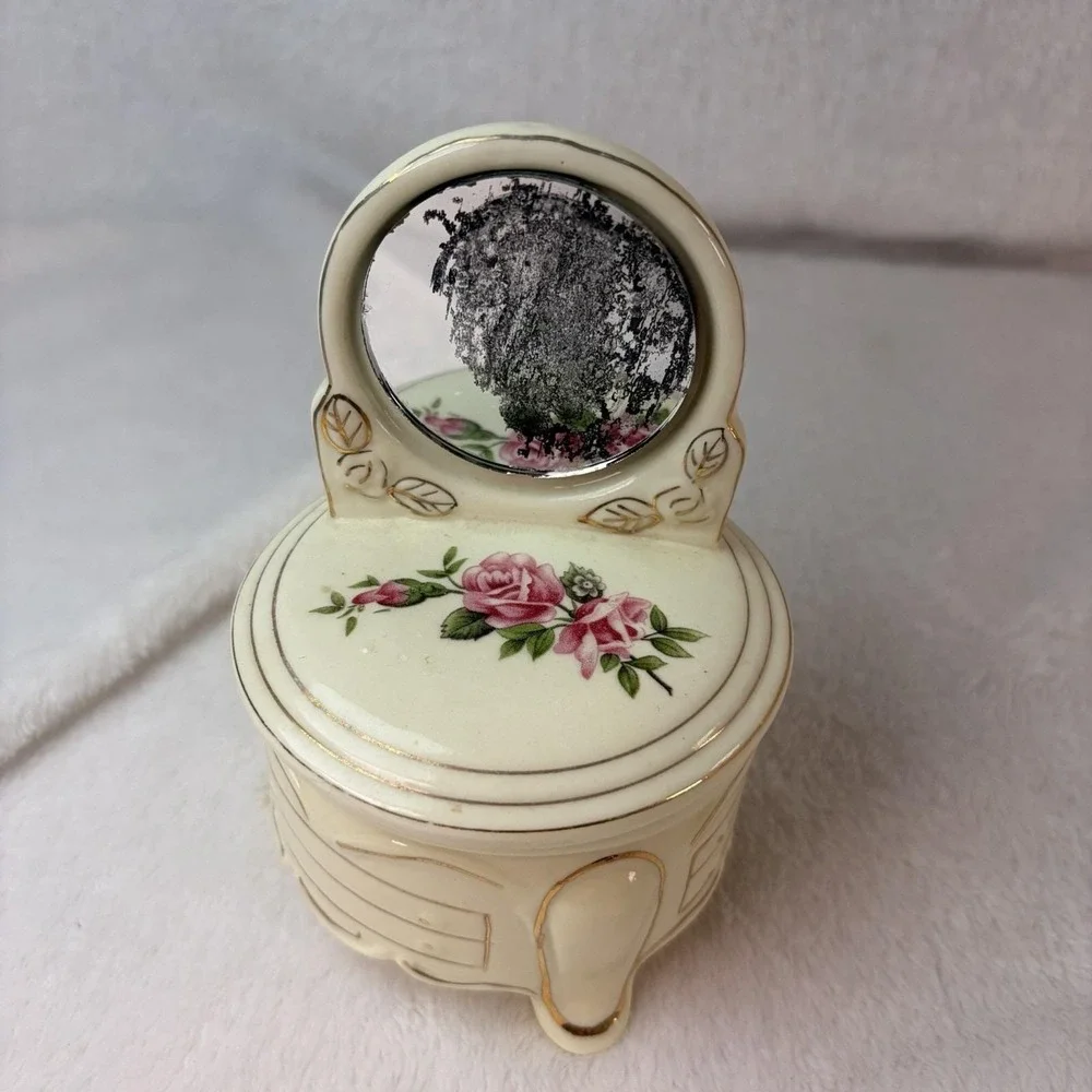 Vtg Porcelain Jewelry Trinket Box Floral Roses‎ Dresser Real Round Mirror Vanity